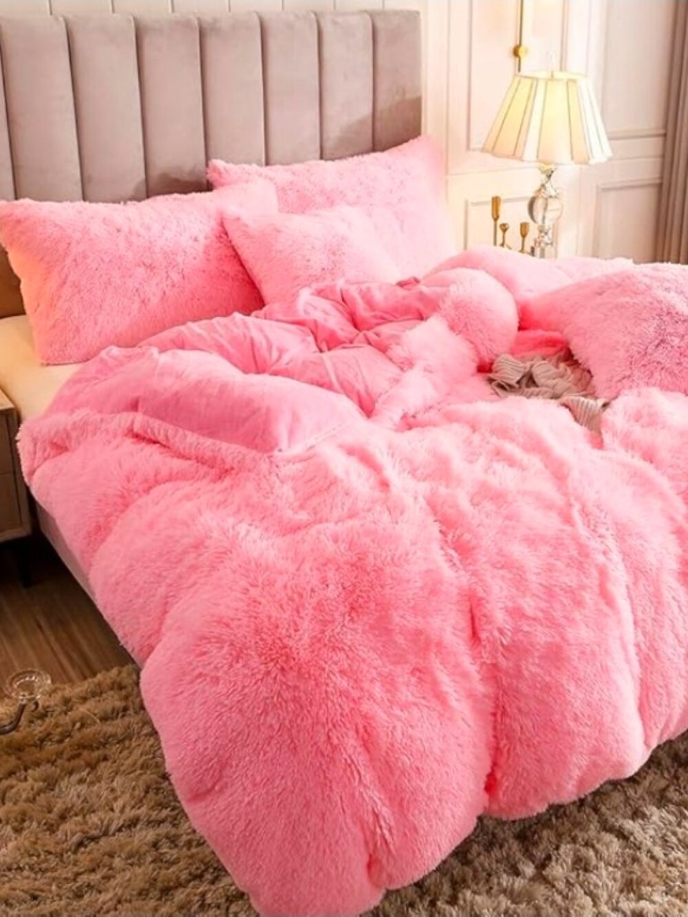 NEW Luxury Fluffy Solid Duvet Cover Faux Fur, 2 Pillow Sham, Pink, Size: King